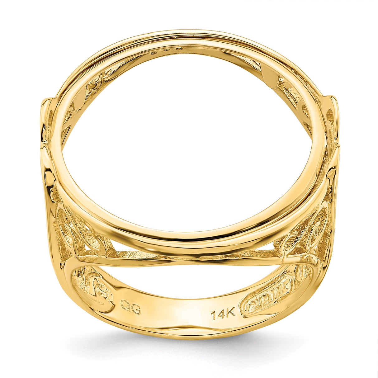 19.5 mm Coin Bezel Ring Polished Curled Filigree Prong Set in 14k Yellow Gold