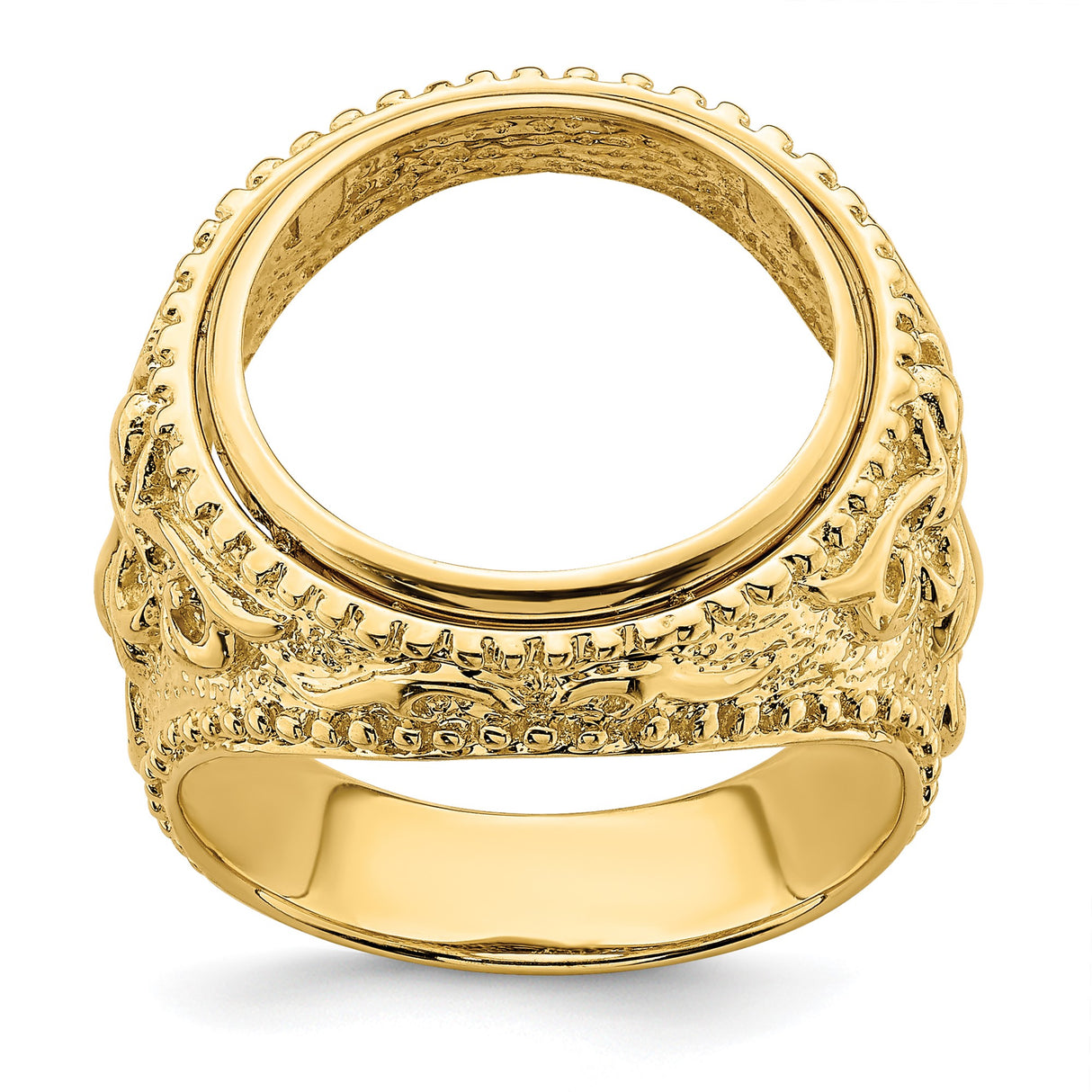 Australian 1/10 oz Gold Lunar $15 Coin Series 3 Coin Bezel Ring Prong Set Mens Fancy Filigree in 14k Yellow Gold