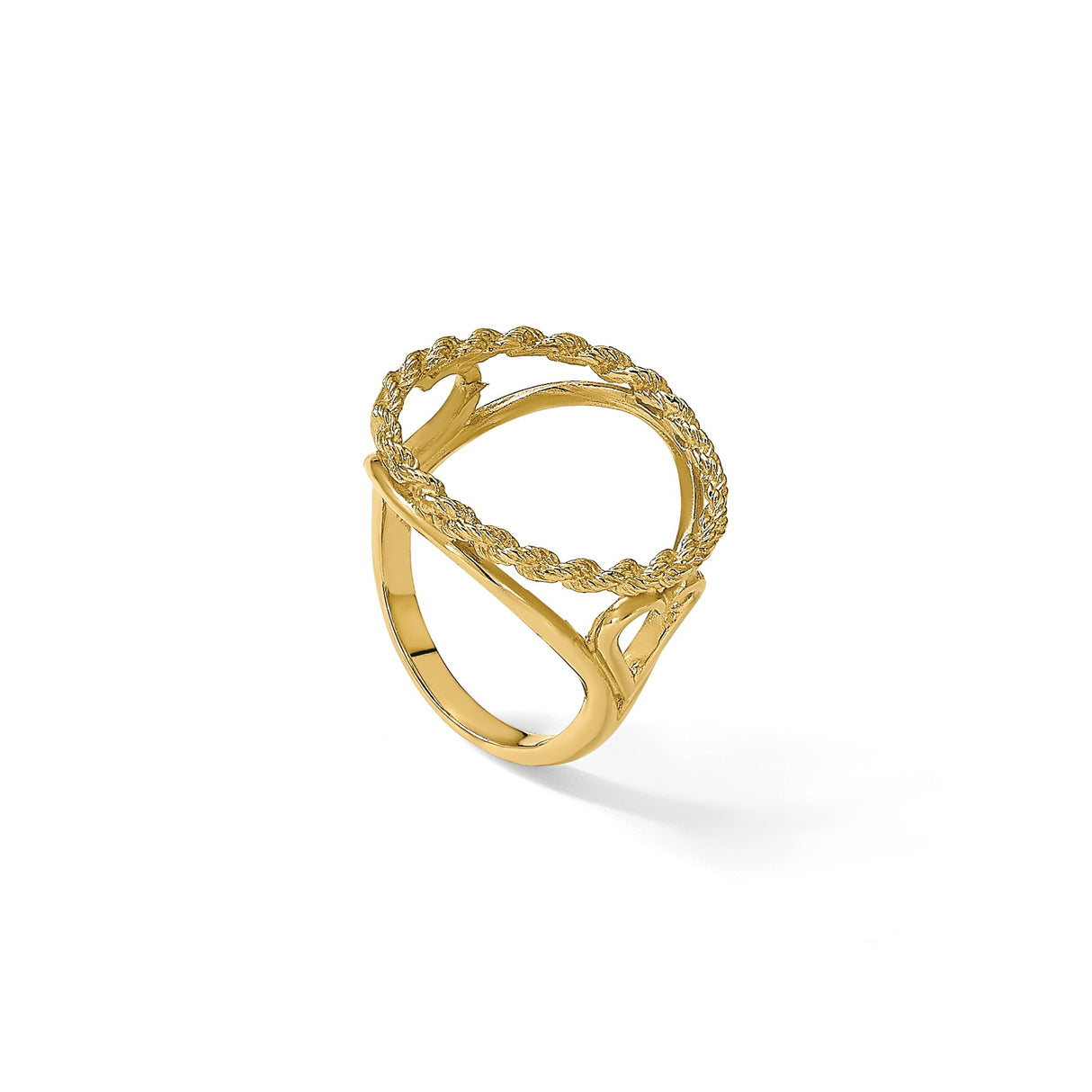 Australian 1/10 oz Gold Lunar $15 Coin Series 3 Coin Bezel Ring Prong Set Heart Sides Rope Edge in 14k Yellow Gold