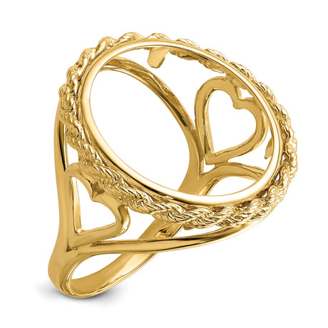 Isle of Man 1/10 oz Gold Cat Coin Bezel Ring Prong Set Heart Sides Rope Edge in 14k Yellow Gold