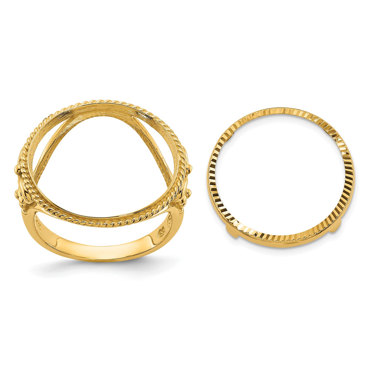 Australian 1/10 oz Gold Lunar $15 Coin Series 3 Coin Bezel Ring Prong Set Diamond-Cut Fancy Wire Twisted Edge in 14k Yellow Gold