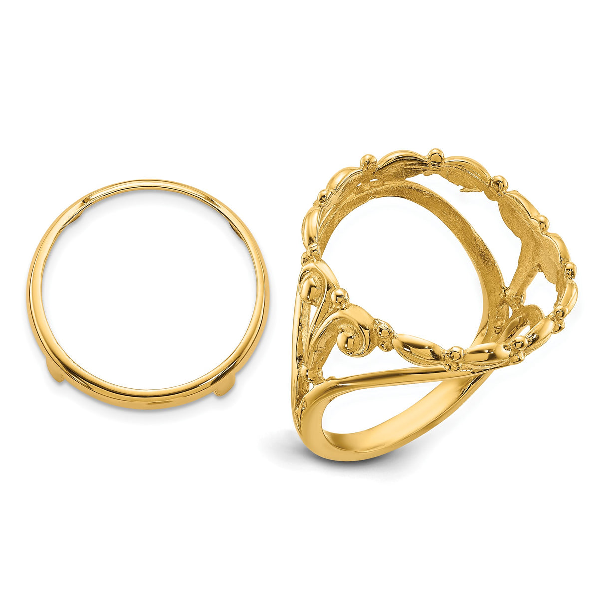 Australian 1/10 oz Gold Lunar $15 Coin Series 3 Coin Bezel Ring Prong Set Fancy Wire Scroll in 14k Yellow Gold