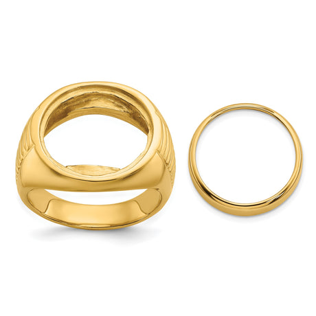 Australian 1/10 oz Gold Kangaroo $15 Coin Bezel Ring Prong Set Polished with Ribbed Center in 14k Yellow Gold