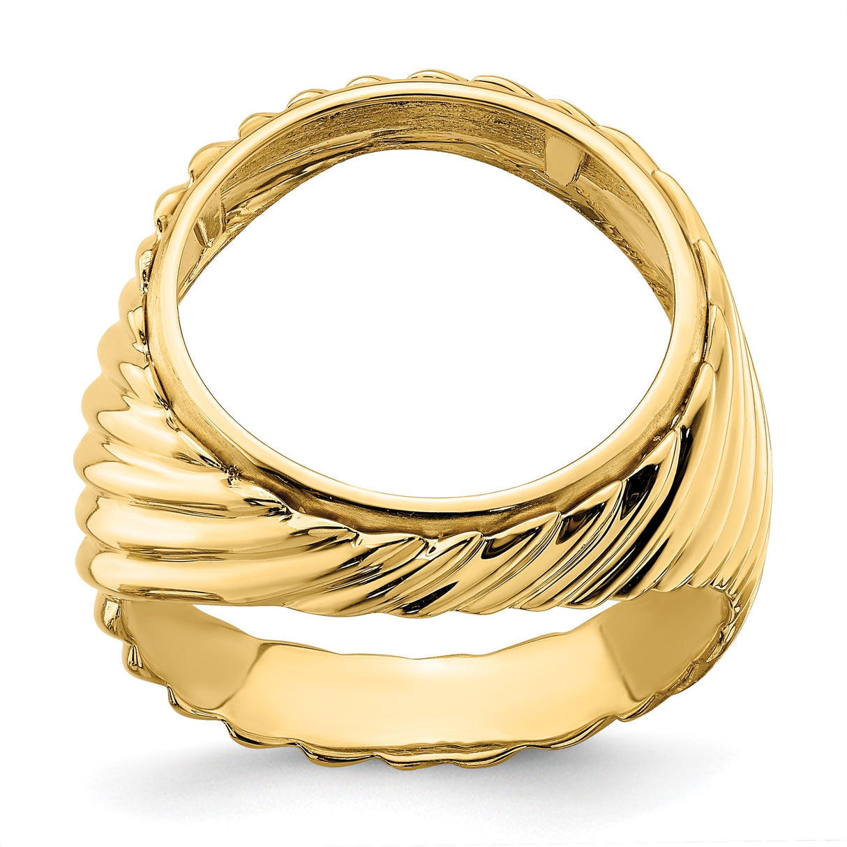 Isle of Man 1/10 oz Gold Cat Coin Bezel Ring Prong Set Mens Polished Diagonal Fluting in 14k Yellow Gold