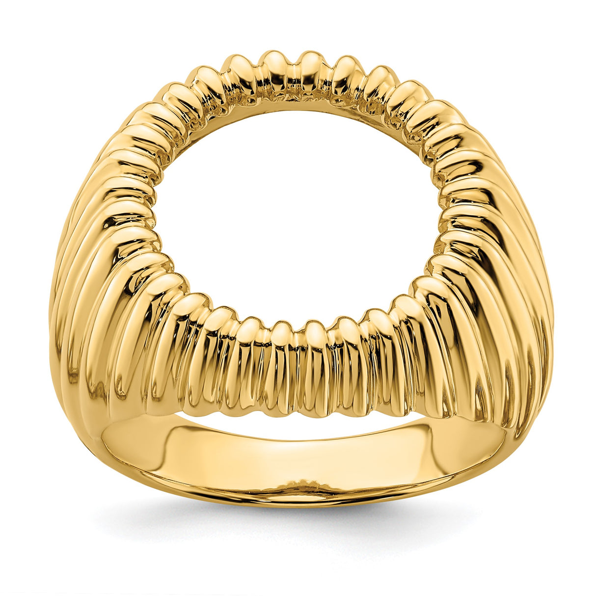 Australian 1/10 oz Gold Lunar $15 Coin Series 3 Coin Bezel Ring Prong Set Polished Vertical Fluting in 14k Yellow Gold