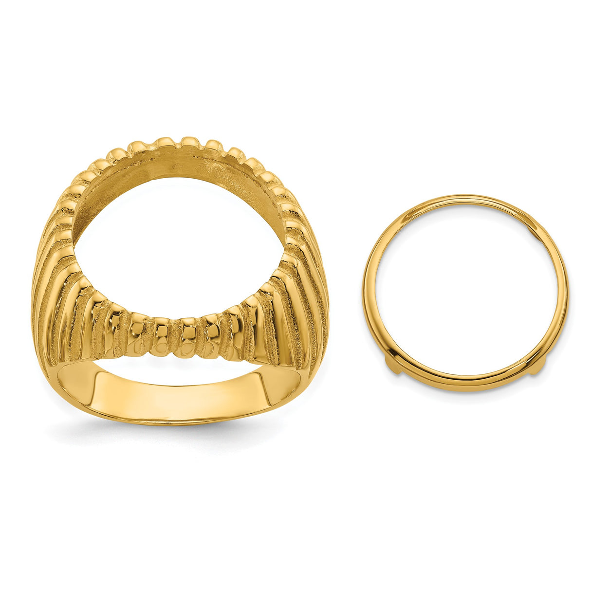 Australian 1/10 oz Gold Kangaroo $15 Coin Bezel Ring Prong Set Polished Vertical Fluting in 14k Yellow Gold