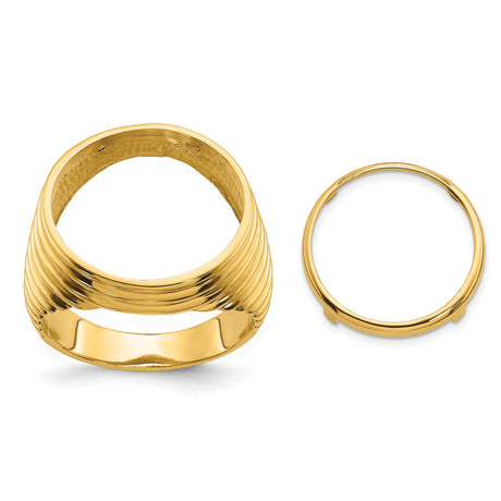 Australian 1/10 oz Gold Lunar $15 Coin Series 3 Coin Bezel Ring Prong Set Polished Horizontal Fluting in 14k Yellow Gold