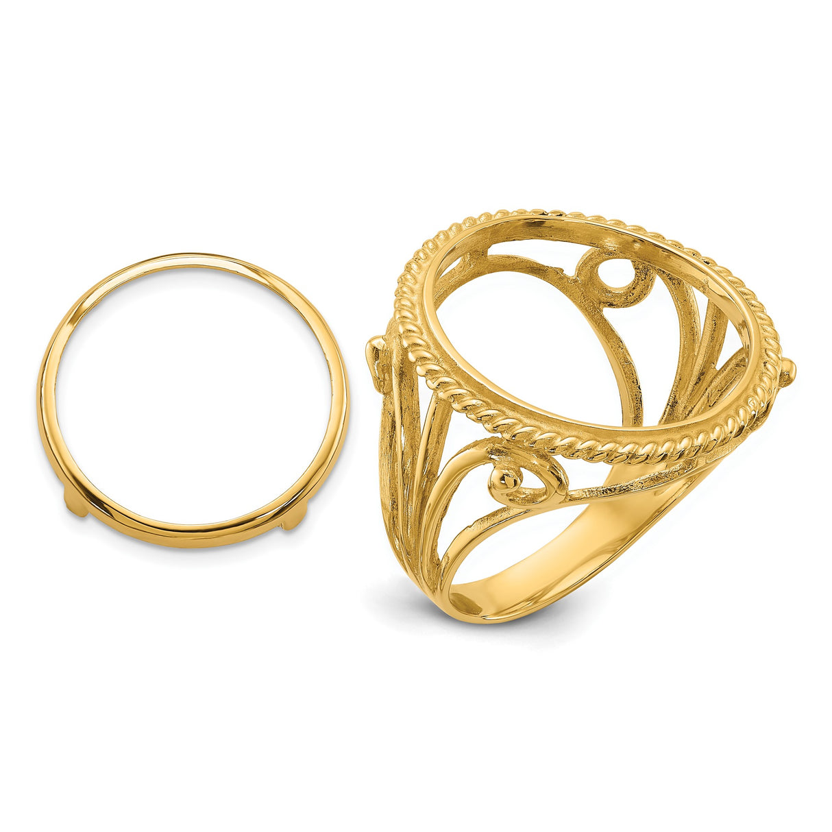 Australian 1/10 oz Gold Kangaroo $15 Coin Bezel Ring Prong Set Filigree with Twisted Wire Edge in 14k Yellow Gold