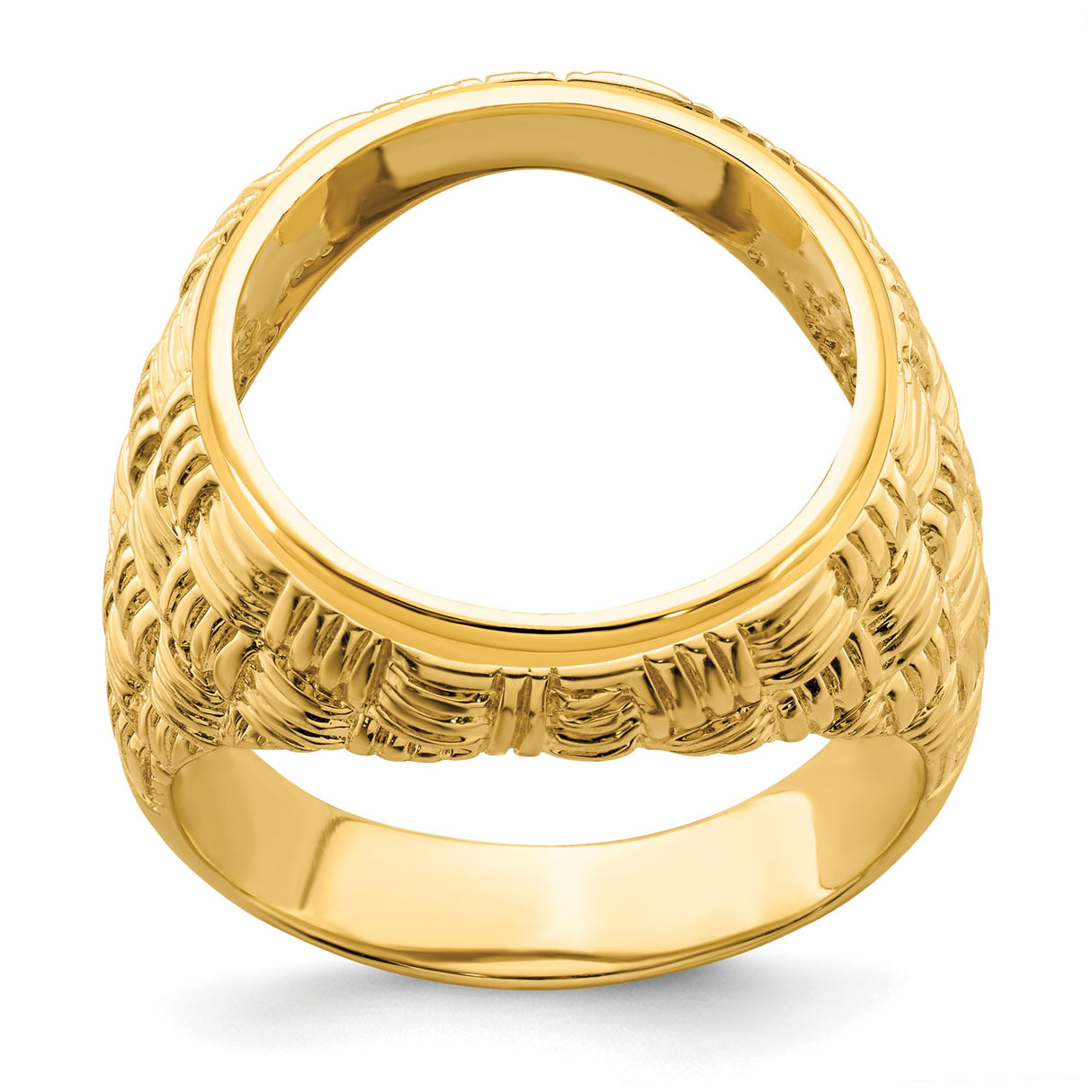 Australian 1/10 oz Gold Lunar $15 Coin Series 3 Coin Bezel Ring Prong Set Mens Polished Woven Design in 14k Yellow Gold