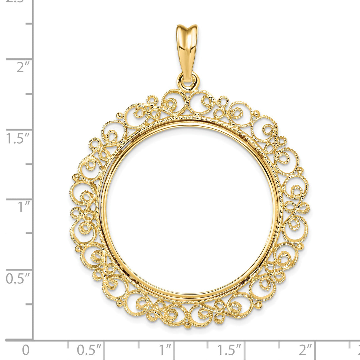 32 mm 14k Yellow Gold coin bezel pendant for US Helen Hayes — size reference (ruler)