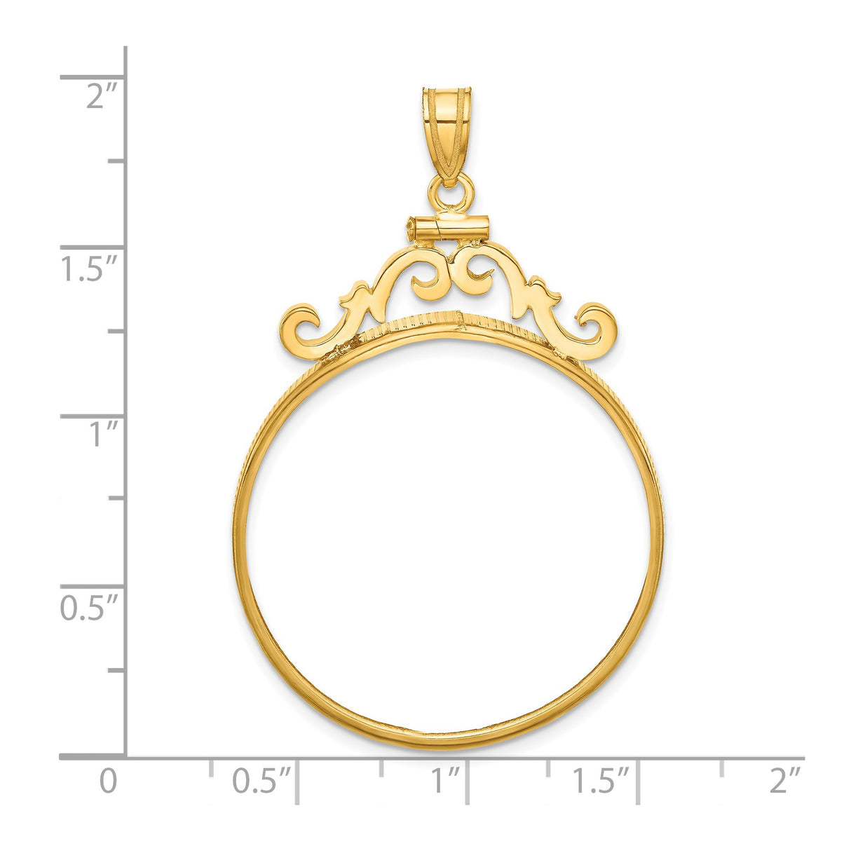 32 mm 14k Yellow Gold coin bezel pendant for US Mark Twain — size reference (ruler)