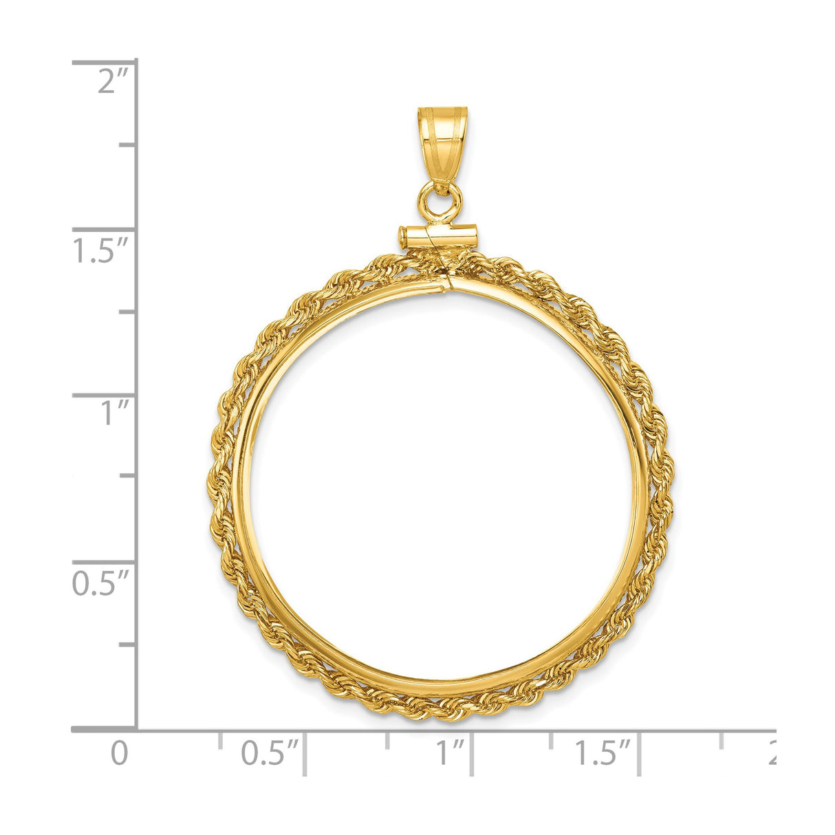 32 mm 14k Yellow Gold coin bezel pendant for US Mark Twain — size reference (ruler)