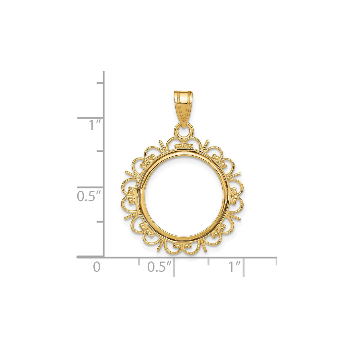 17 mm 14k Yellow Gold coin bezel pendant for US $5 American Buffalo — size reference (ruler)