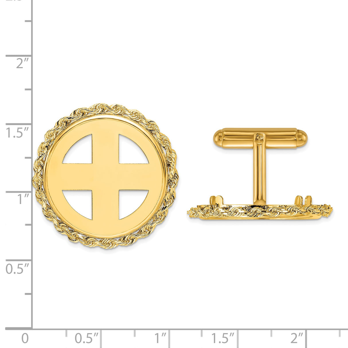 22 mm 14k Yellow Gold coin bezel cuff links for US $10 American Buffalo — size reference (ruler)