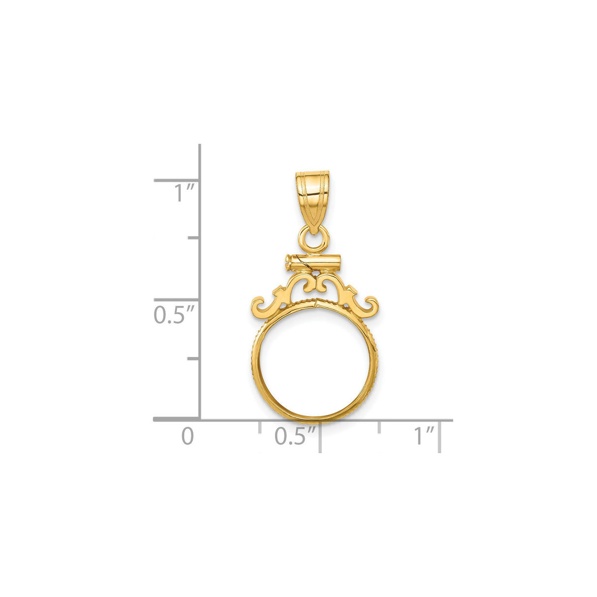 13 mm 14k Yellow Gold coin bezel pendant for US $1 Indian Princess Type 1 — size reference (ruler)