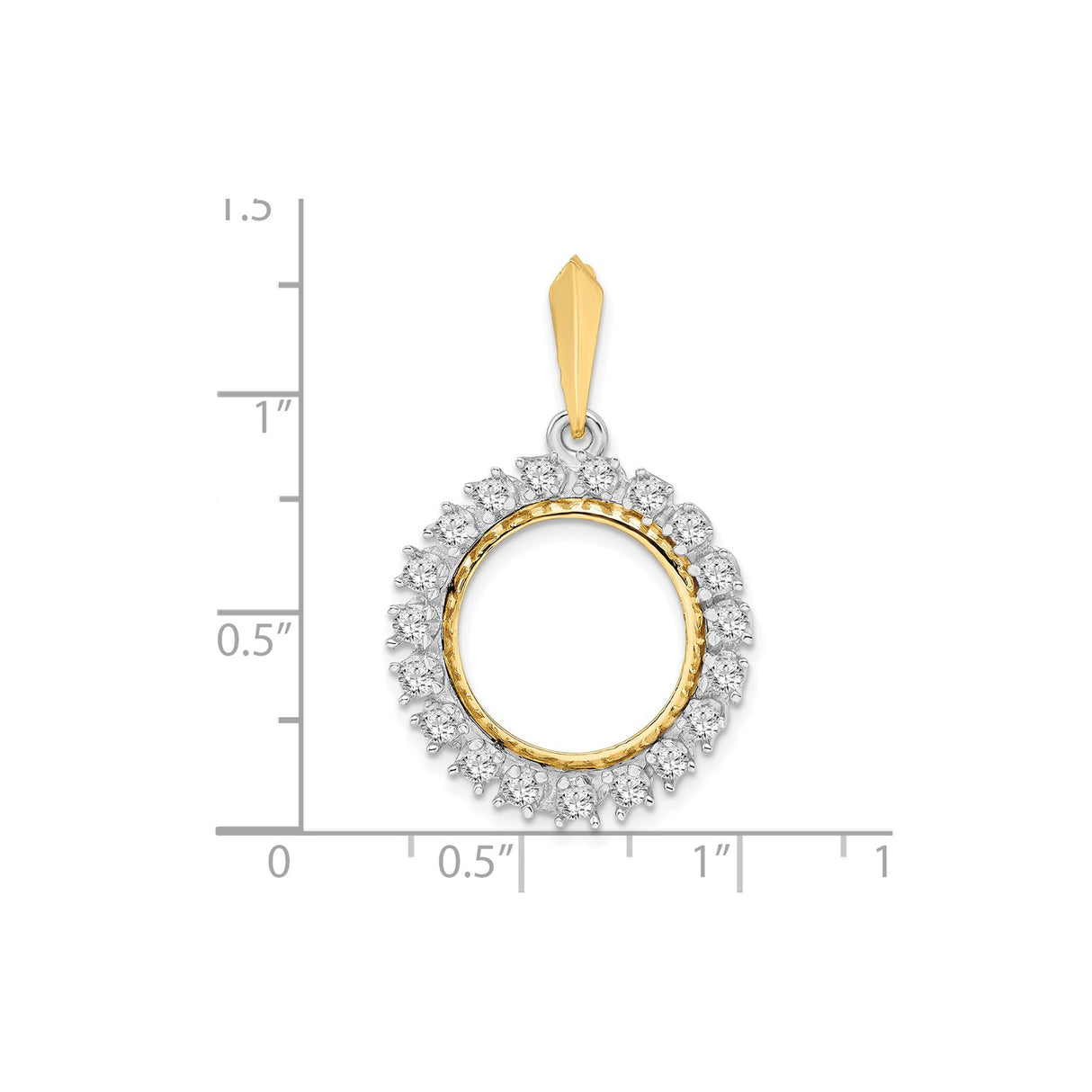 15 mm 14k Multi-Tone Gold coin bezel pendant for US $1 Indian Princess Type 2 — size reference (ruler)