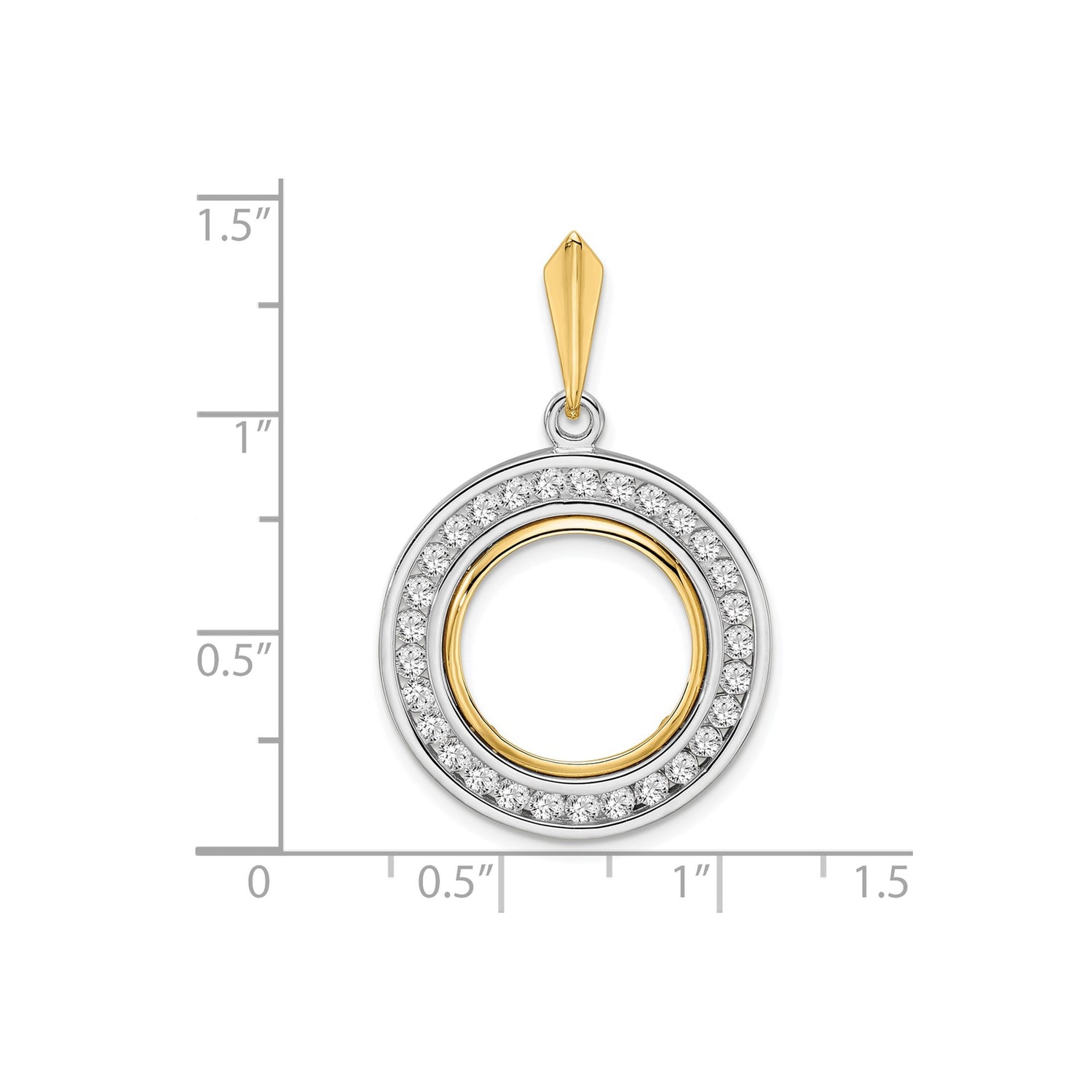 15 mm 14k Multi-Tone Gold coin bezel pendant for US $1 Indian Princess Type 3 — size reference (ruler)