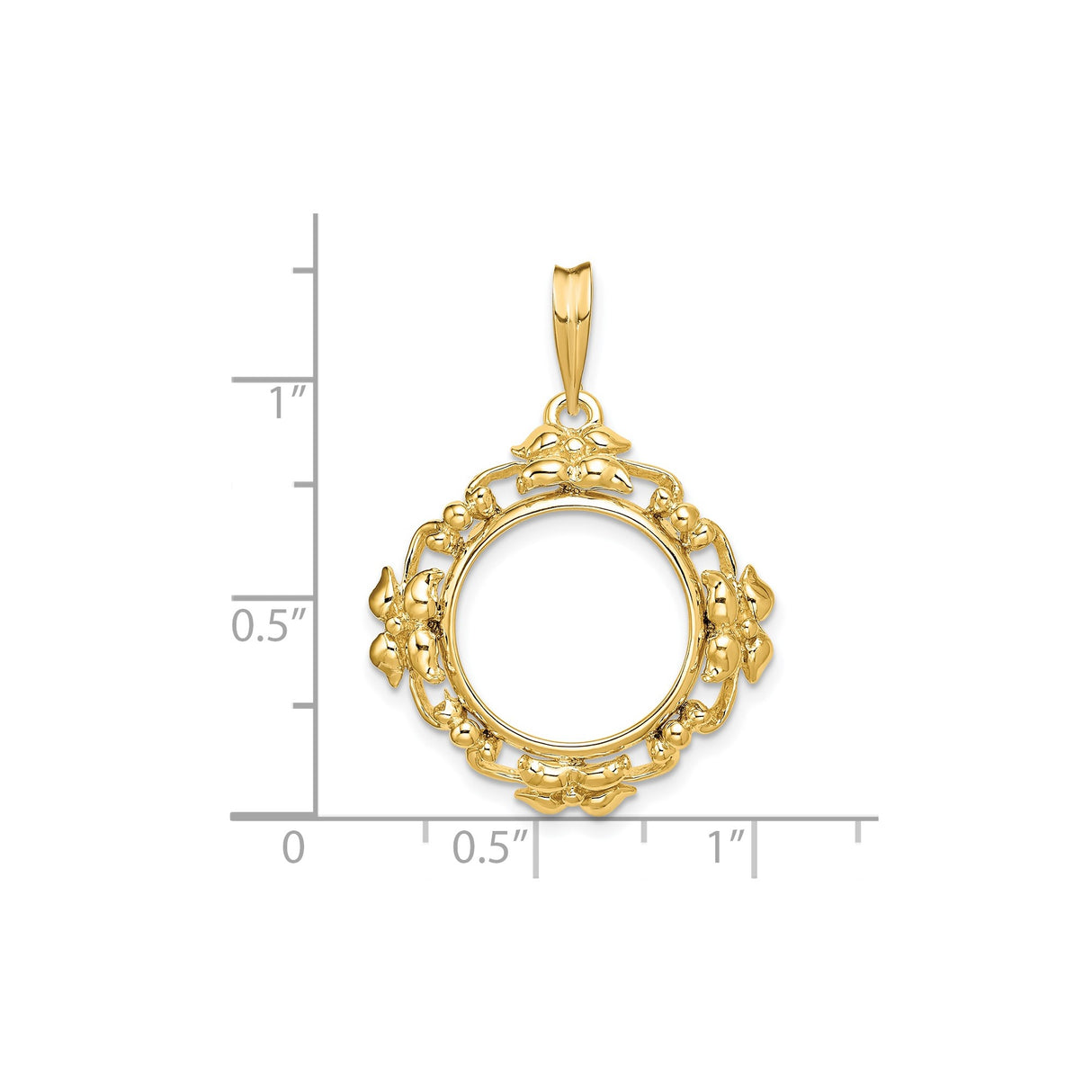 15 mm 14k Yellow Gold coin bezel pendant for US $1 Indian Princess Type 3 — size reference (ruler)