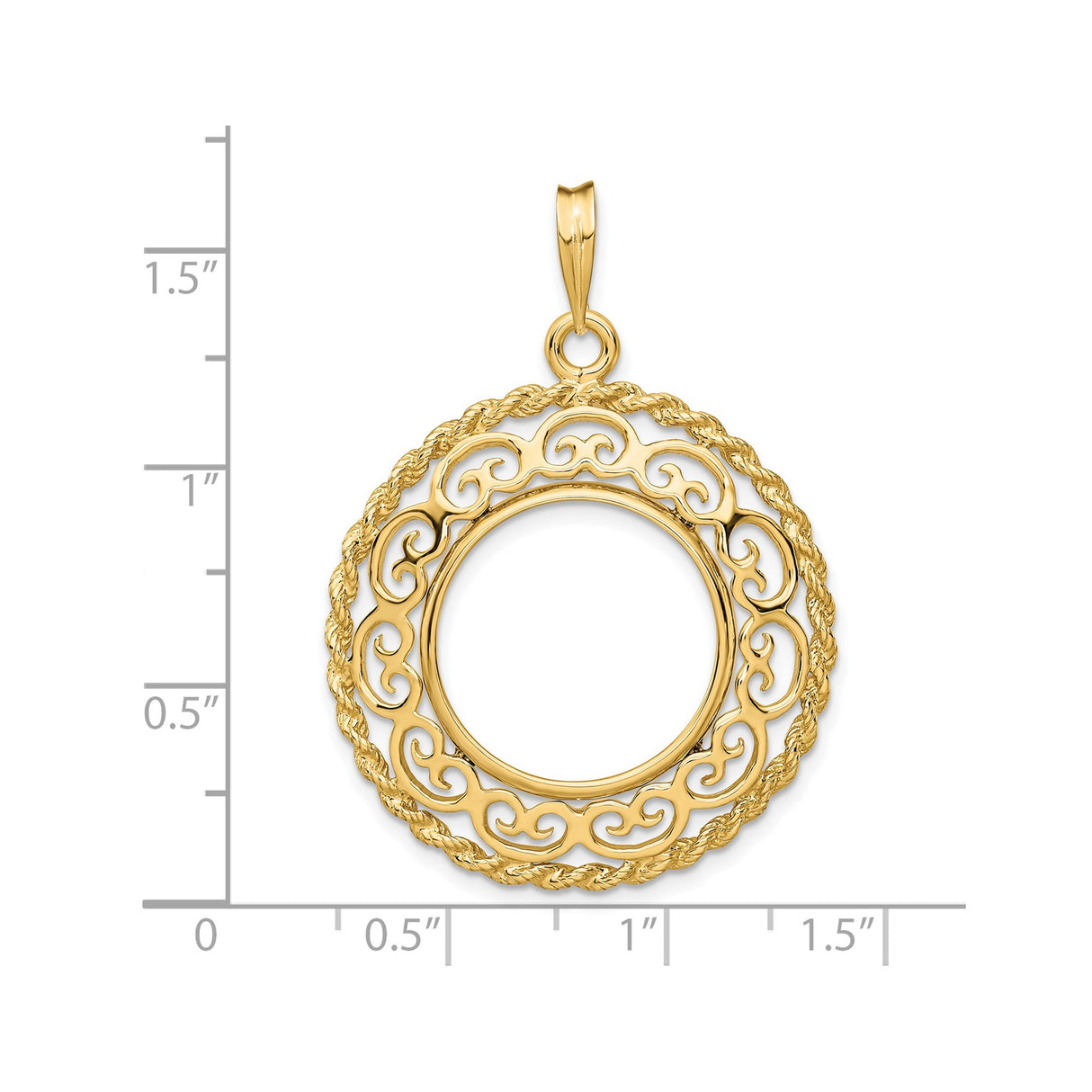 18 mm 14k Yellow Gold coin bezel pendant for US $2.50 Indian Head Quarter Eagle — size reference (ruler)