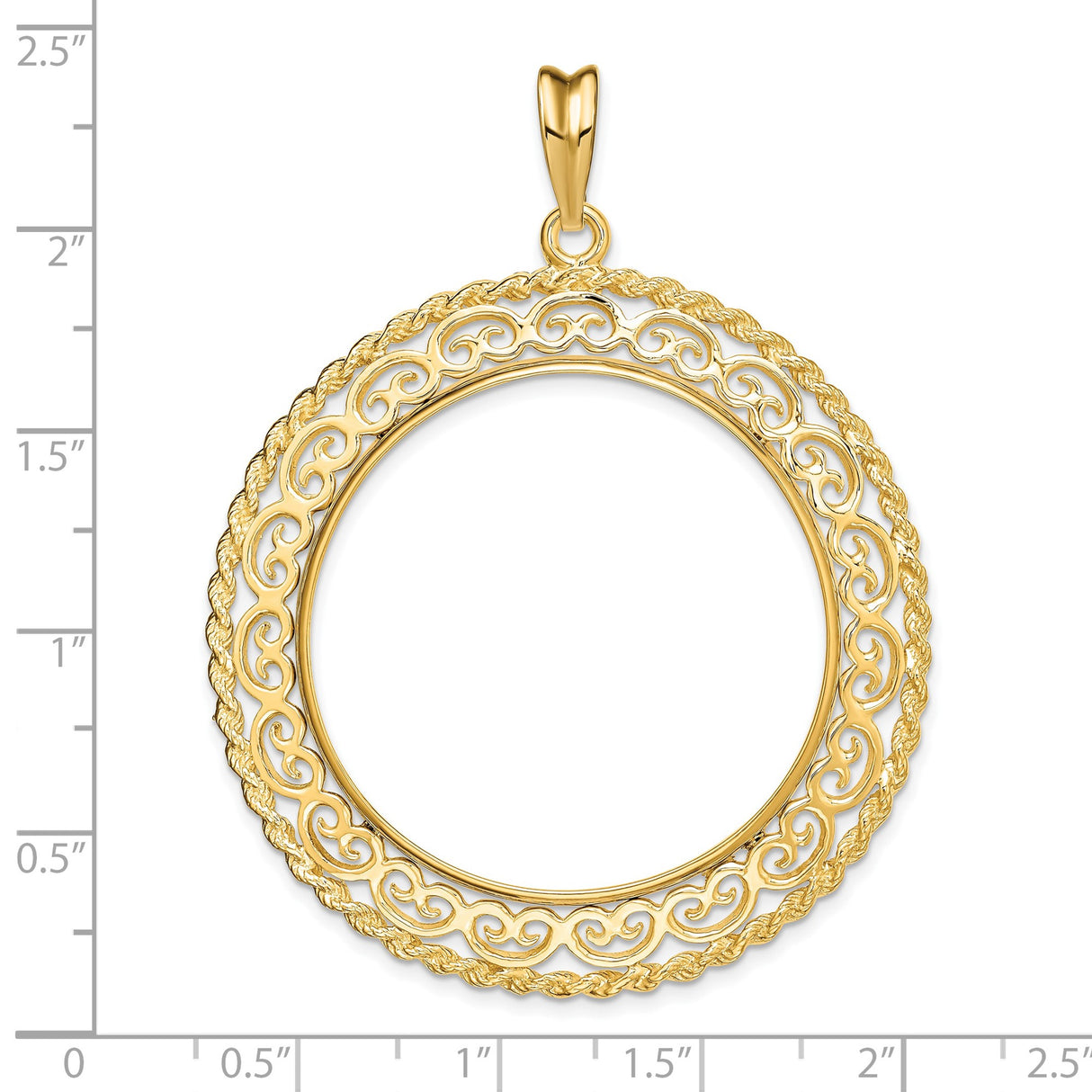 34 mm 14k Yellow Gold coin bezel pendant for US $20 Liberty Head Double Eagle — size reference (ruler)