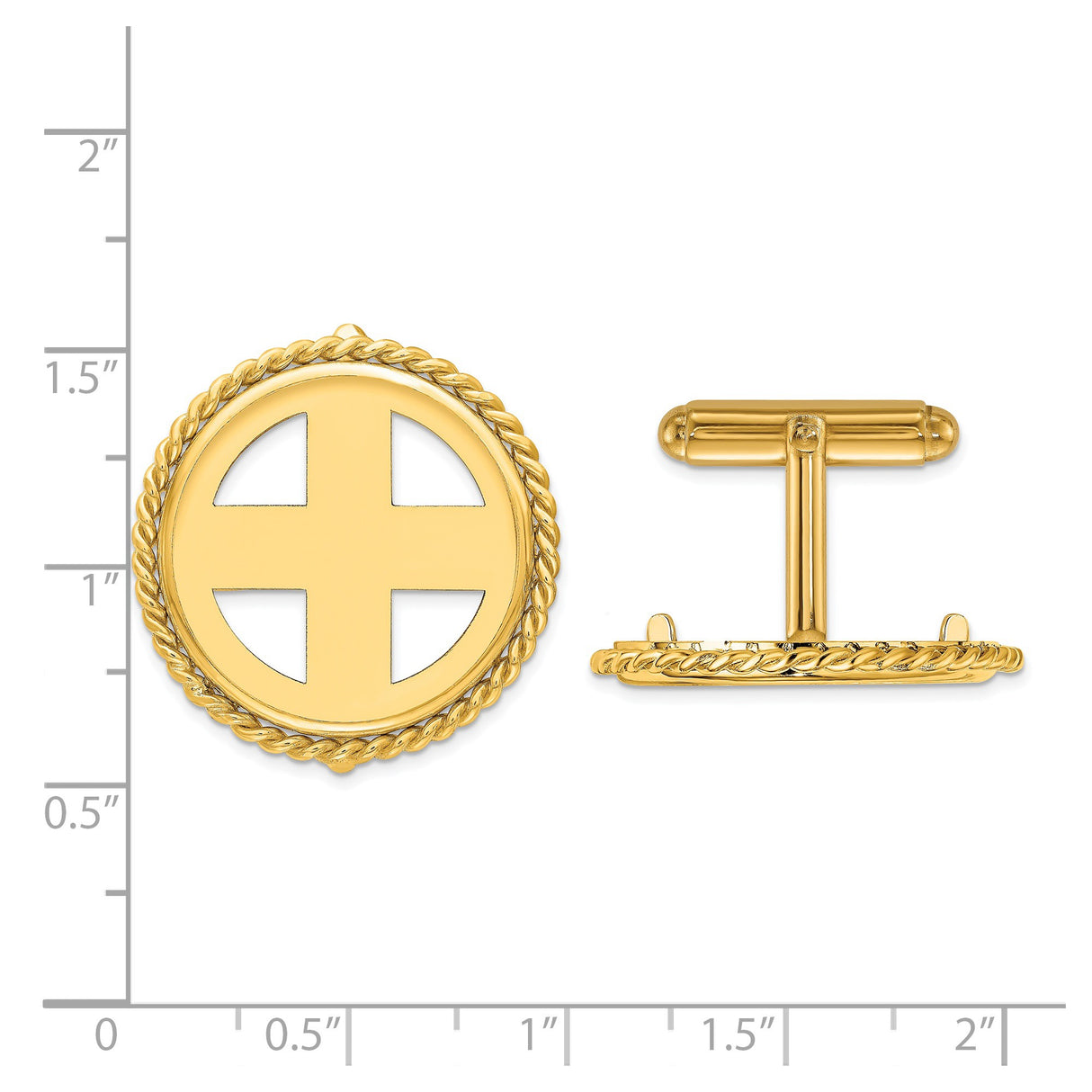 22 mm 14k Yellow Gold coin bezel cuff links for US $5 Liberty Head Half Eagle — size reference (ruler)