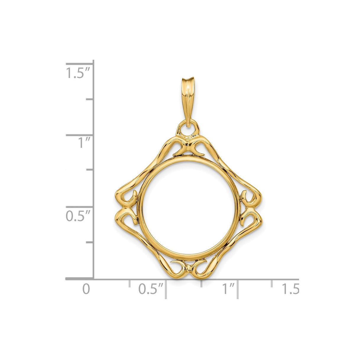 18 mm 14k Yellow Gold coin bezel pendant for US $2.50 Liberty Head Quarter Eagle — size reference (ruler)