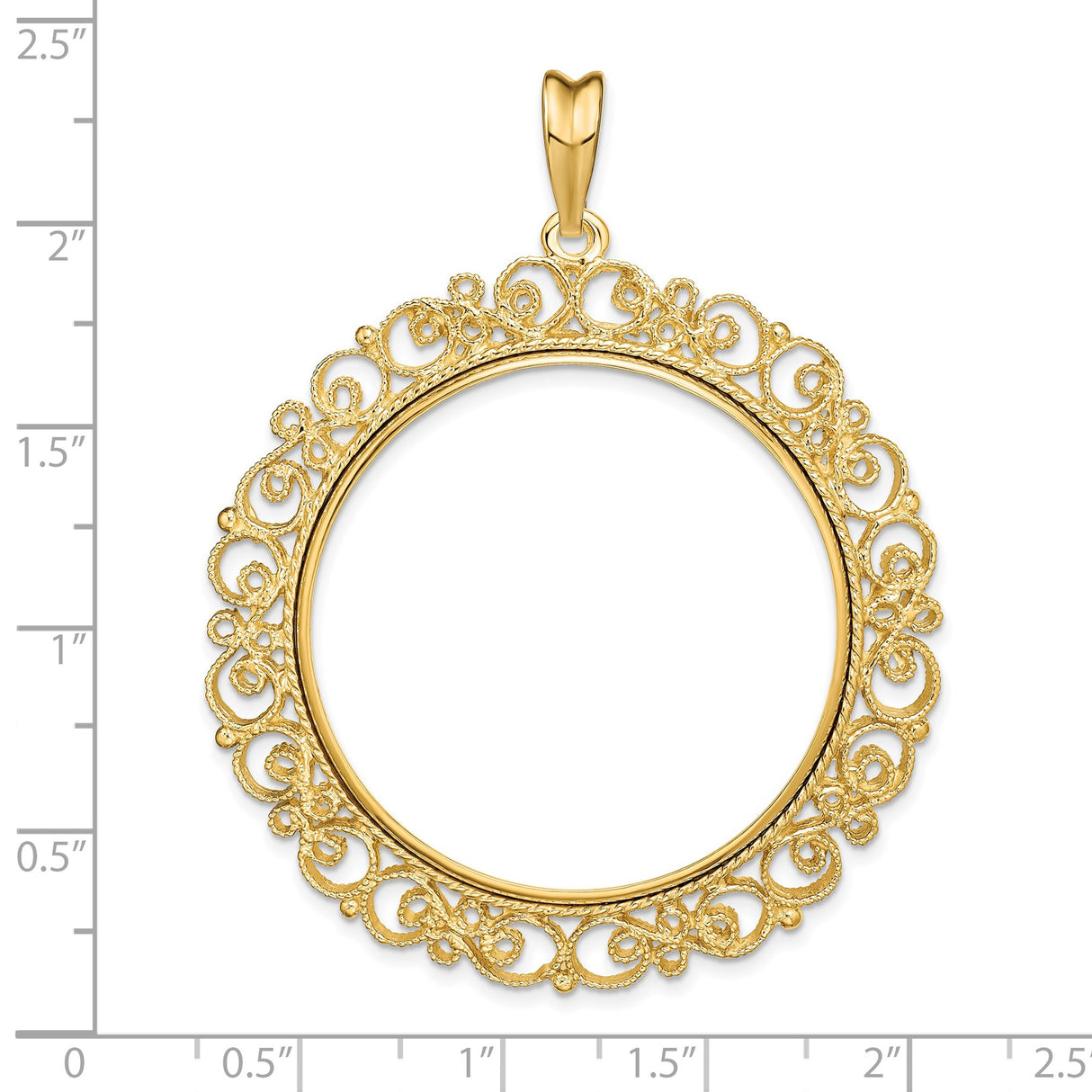 34 mm 14k Yellow Gold coin bezel pendant for US $20 Saint Gaudens Double Eagle — size reference (ruler)