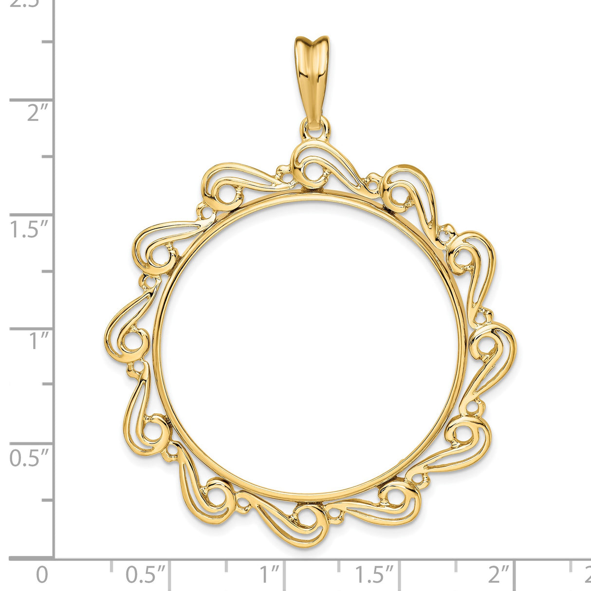 34 mm 14k Yellow Gold coin bezel pendant for US $20 Saint Gaudens Double Eagle — size reference (ruler)