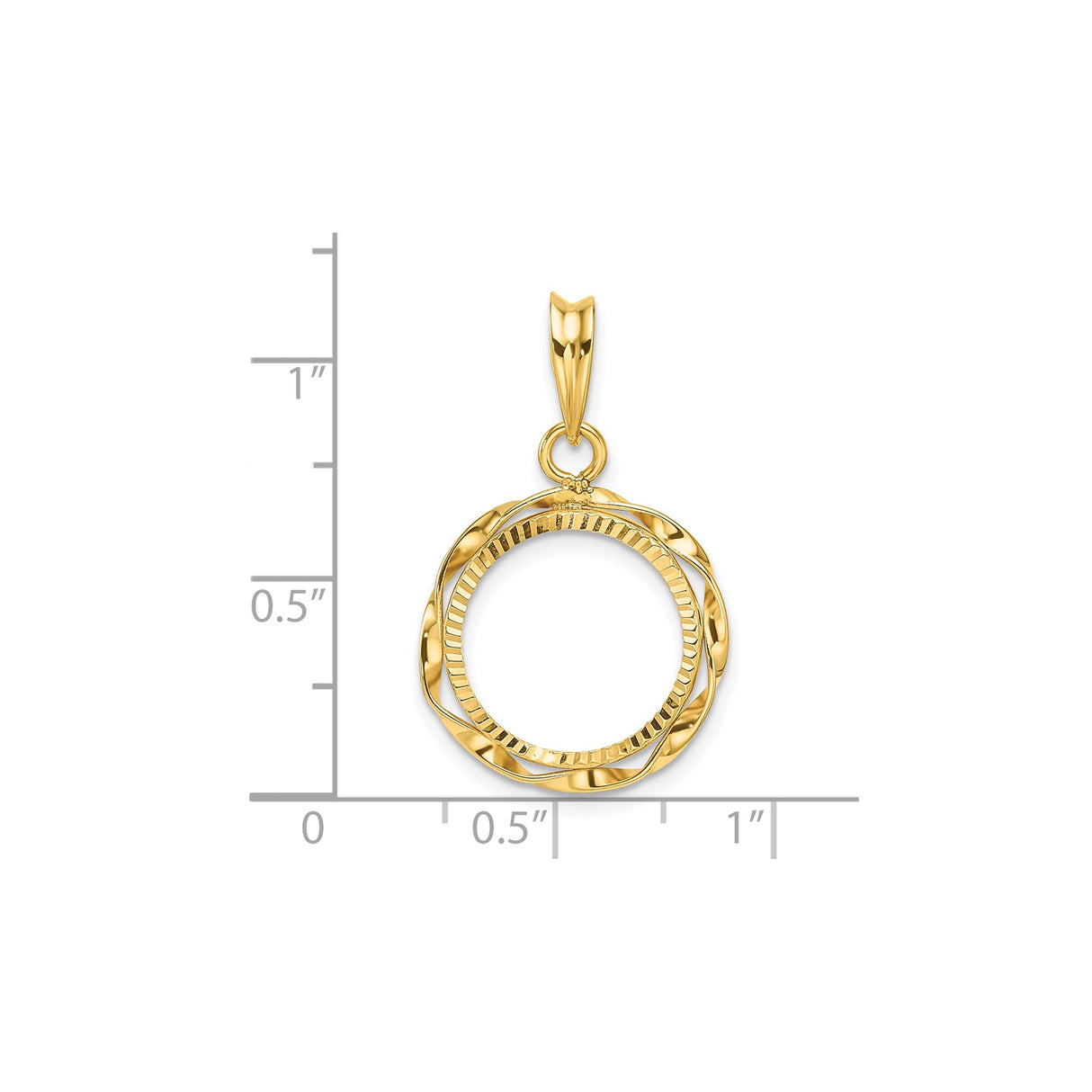 14 mm 14k Yellow Gold coin bezel pendant for US 3¢ Trime Three Cent Silver — size reference (ruler)