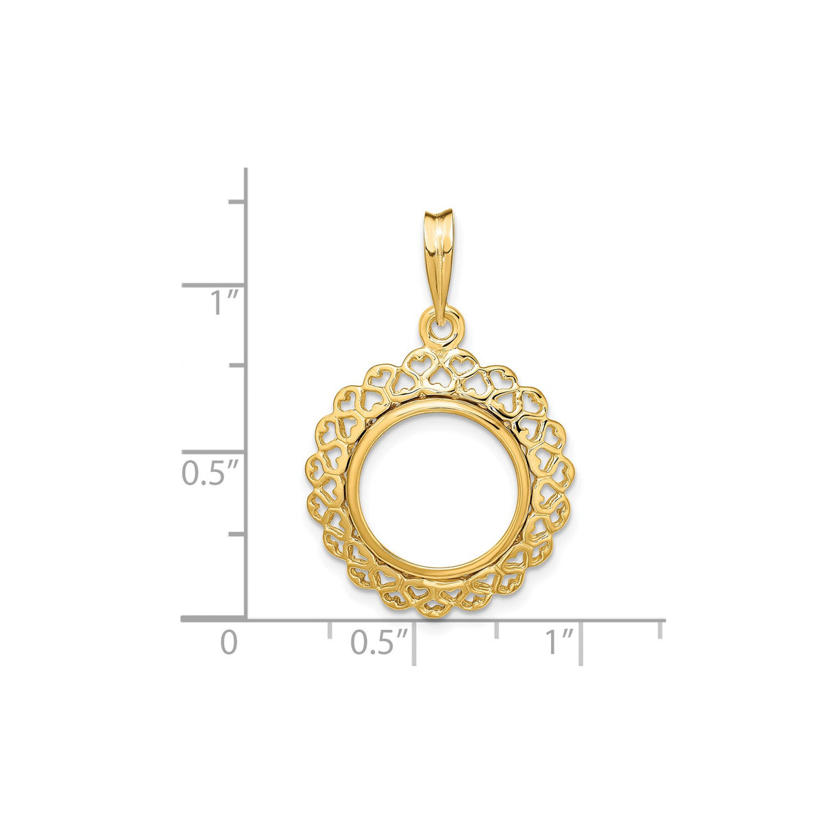 14 mm 14k Yellow Gold coin bezel pendant for US 3¢ Trime Three Cent Silver — size reference (ruler)