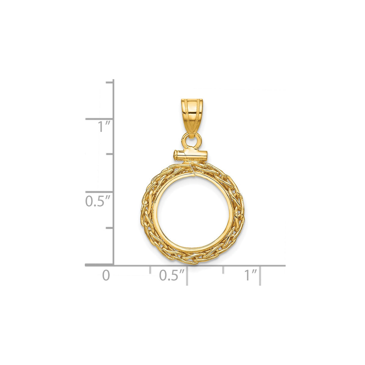 14 mm 14k Yellow Gold coin bezel pendant for US 3¢ Trime Three Cent Silver — size reference (ruler)